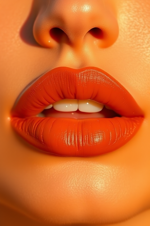 Warm terracotta lips in "Desert Sunset" style, with a soft matte finish and subtle copper shimmer, evoking the colors of a sun-baked landscape