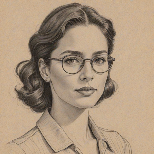 Charming Mercedes Mason, pencil sketch, portrait of Resplendent woman 1936s in glasses, hair style beatnik, outline, clear lines, fine lines, 8k