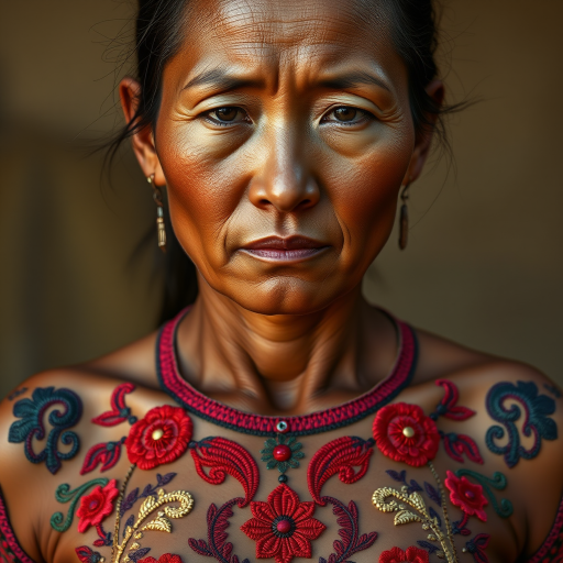 Face, shoulders, chest covered in openwork Inca embroidery. Raw, unedited image.