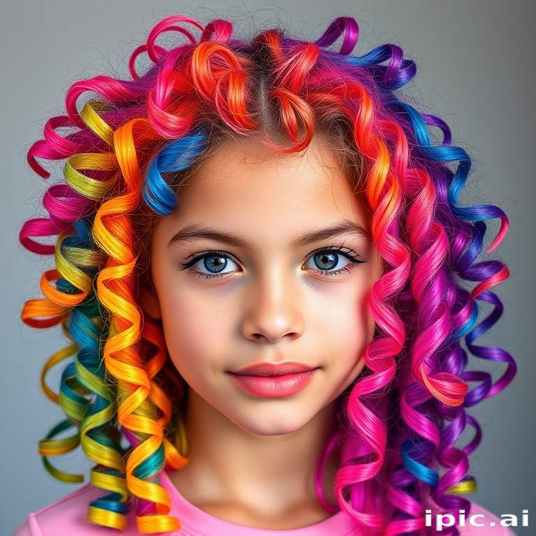 Vibrant image of a teenager with Rainbow Prism locks, each section dyed a different bright hue, styled in tight spiral curls forming a halo around their face
