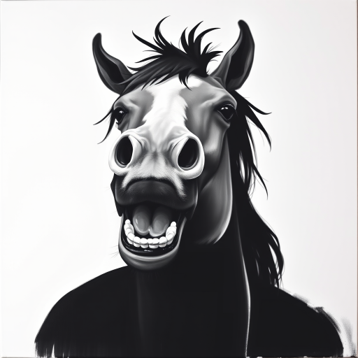 Abstract black and white acrylic portrait of an over exaggerated laughing (horse). Minimalism style. White background.