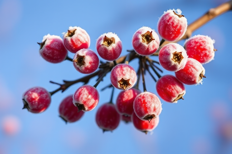 Frosted berries on a branch against a clear blue sky, macro view, natural light, f/2.8 aperture, 1/200 sec shutter speed, ISO 100, DSLR camera, shallow depth of field.