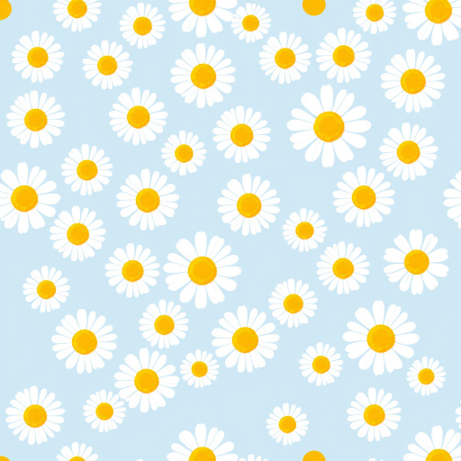 Create a seamless pattern featuring a light blue background filled with white daisies. Each daisy should have a bright yellow center and a simple, clean design. The flowers should be evenly spaced, creating a harmonious and cheerful floral pattern.