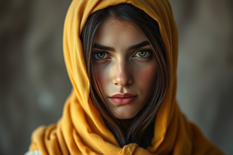 Create a portrait of a young Turkish male with long, dark hair and captivating hazel eyes. She is wearing a Yellow headscarf and a matching scarf draped gracefully around her neck. The background is softly blurred, focusing attention on her serene and natural expression. The overall color palette is muted and warm, enhancing the intimate and authentic feel of the portrait.