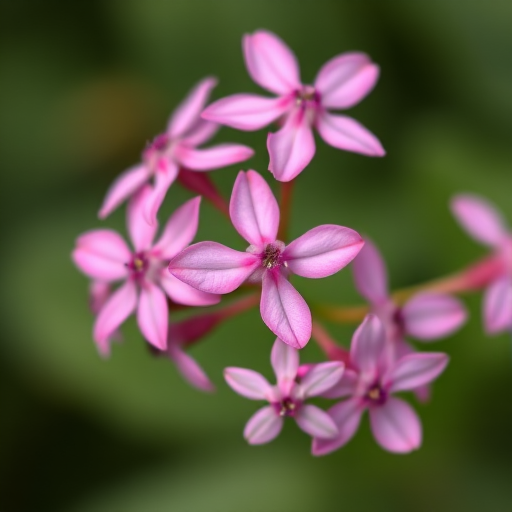 Close-up shot of pink star-shaped flowers on a blurred green background, captured with a DSLR camera using a 50mm lens at f/2.8, ISO 100, shutter speed 1/200 sec, soft natural lighting.