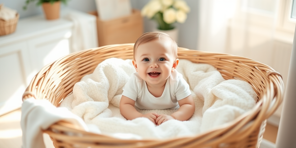 Create a cozy indoor scene of a smiling baby in a wicker bassinet with soft blankets, sunlit room with pastel colors, natural light, f/2.8 aperture, ISO 200, 50mm lens, portrait style, digital camera.