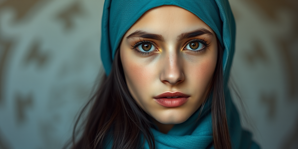 Create a portrait of a young Assyrian woman with long, dark hair and captivating hazel eyes. She is wearing a cyan headscarf and a matching scarf draped gracefully around her neck. The background is softly blurred, focusing attention on her serene and natural expression. The overall color palette is muted and warm, enhancing the intimate and authentic feel of the portrait.