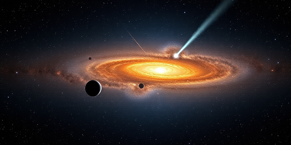 Create a high-resolution image of a distant galaxy with a visible earth-like planet, including a bright comet with a luminous tail, using a 35mm lens, f/8 aperture, ISO 100, and a low-angle shot to enhance depth and detail.