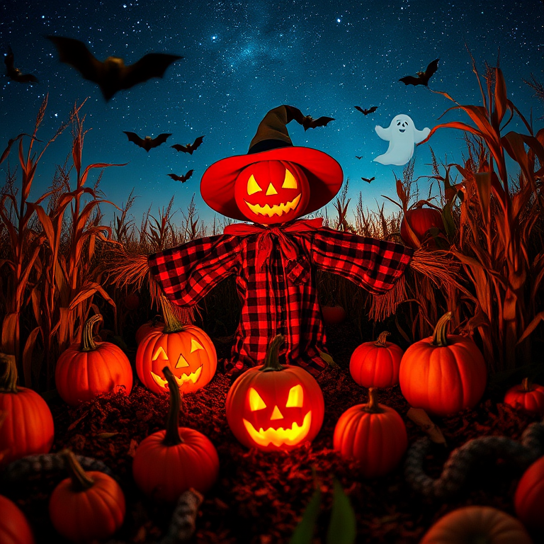 Create a vibrant and spooky Halloween scene featuring a scarecrow with a jack-o'-lantern head surrounded by glowing pumpkins in a cornfield under a starry night sky with bats and a ghost, using a wide-angle lens at f/8, ISO 200, 1/60 second shutter speed, shot from a low angle for emphasis on the pumpkins and scarecrow, while capturing all details in high dynamic range.