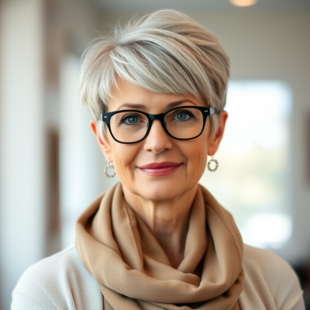 Portrait of a mature woman with short silver hair, styled in an asymmetrical pixie cut with side bangs. She wears black-framed glasses and a beige blouse with a white cardigan over it, as well as a bulky scarf in neutral tones. The woman is indoors with soft lighting and a blur in the background. Her expression is serene and confident, highlighting her elegance and modern style.