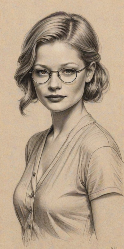 Captivating Emilie de Ravin, pencil sketch, portrait of Charming woman 1928s in glasses, hair style beatnik, outline, clear lines, fine lines, 8k