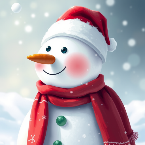 Create a high-resolution illustration of a snowman wearing a red Santa hat and a red scarf, centered in the frame, using a DSLR camera with a 50mm lens at f/2.8, in soft natural lighting to enhance the vibrant colors and details.