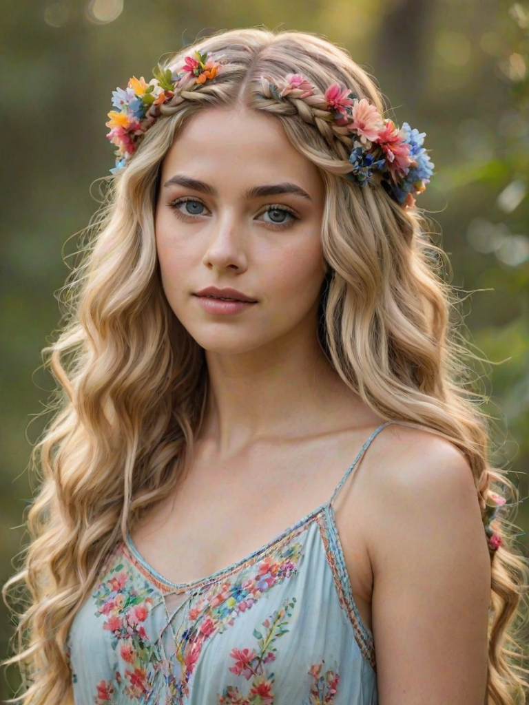 Create an image of a young Hispanic woman with long, wavy blonde hair, adorned with small, colorful flowers woven into her braids and loose strands. Her complexion is fair, with soft, glowing skin, and she has light blue eyes that gaze softly at the viewer. She wears a light, flowing dress with a gentle, ethereal quality, complementing her delicate and serene appearance. The background is slightly blurred, drawing focus to her tranquil expression and the intricate details of the flowers in her hair. The overall mood of the image is one of natural beauty and grace, evoking a sense of peacefulness and connection with nature.