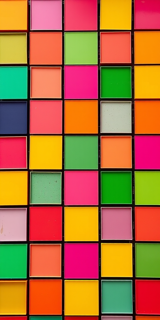 Create a vibrant pattern of colorful squares in a grid layout featuring shades of pink, green, orange, yellow, and blue with high contrast; use a DSLR camera, 50mm lens, aperture f/2.8, shutter speed 1/125s, ISO 100, in high-resolution mode, top-down view for enhanced clarity.