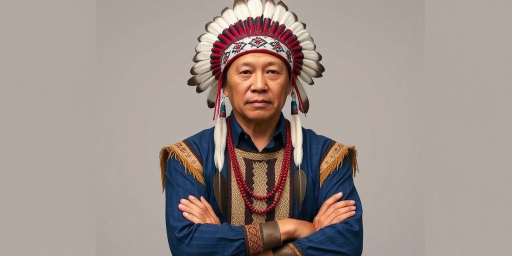 Create a dignified portrait of a Native American man dressed in traditional attire. He wears a beautifully crafted headdress adorned with white feathers and red beads, along with a beaded headband featuring intricate patterns. His clothing includes a deep blue, patterned shirt and a traditional chest piece with detailed beadwork. His arms are crossed, displaying leather armbands decorated with feathers. The background is simple and neutral, emphasizing his proud and stoic expression. The overall image captures the rich cultural heritage and strength of his persona.