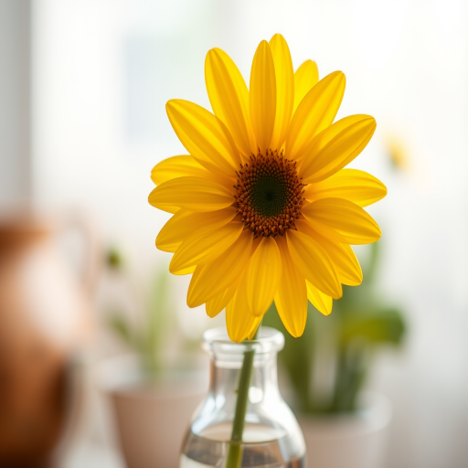 Generate a high-resolution artistic image of a yellow flower in a glass vase, captured with a DSLR camera at f/2.8 aperture, 50mm lens, soft natural lighting, with a shallow depth of field to emphasize the flower and a blurred background, in a painterly style.