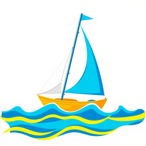 Create a colorful vector-style illustration of a sailboat with a bright blue sail and a yellow hull on stylized waves, using a high-resolution digital camera with settings at f/8, ISO 100, and a 50mm lens, capturing the image from a slightly elevated angle to enhance depth and vibrancy.