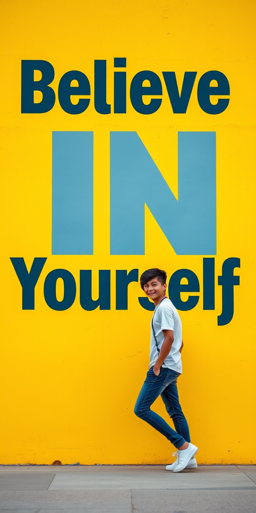 Generate an image of a person confidently walking against a bright yellow wall featuring a large, inspirational quote that reads "Believe in Yourself" in modern, bold typography, using a DSLR camera, 50mm lens, aperture set to f/1.8, ISO 100, with a shallow depth of field and vibrant color saturation.