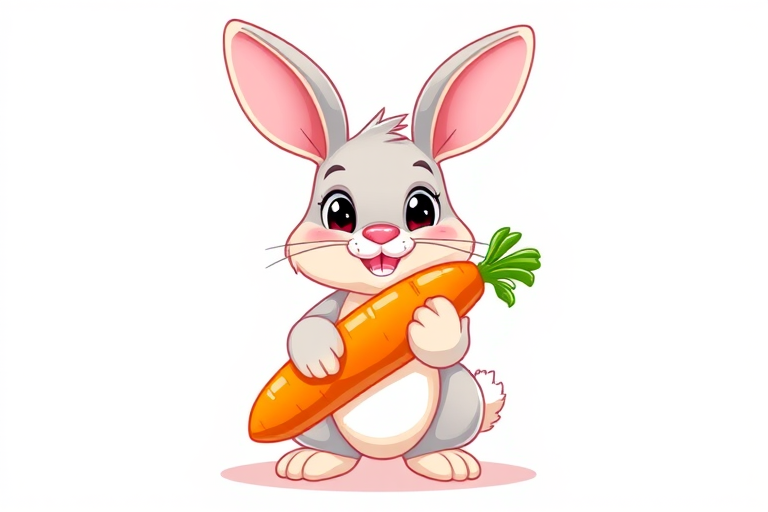 Create a cute cartoon rabbit holding a carrot, vibrant colors, bright background, 50mm lens, f/4 aperture, ISO 100, shot in natural light, front view, digital illustration style.