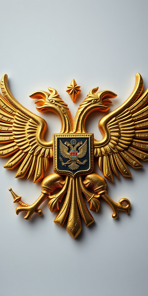 regenerate a detailed and high-resolution image of the Russian double-headed eagle emblem, using a DSLR camera with a 50mm lens, aperture set to f/8 for sharpness, ISO 100 for clarity, shot from a front view to capture intricate details, using a lighting setup that highlights the golden textures.