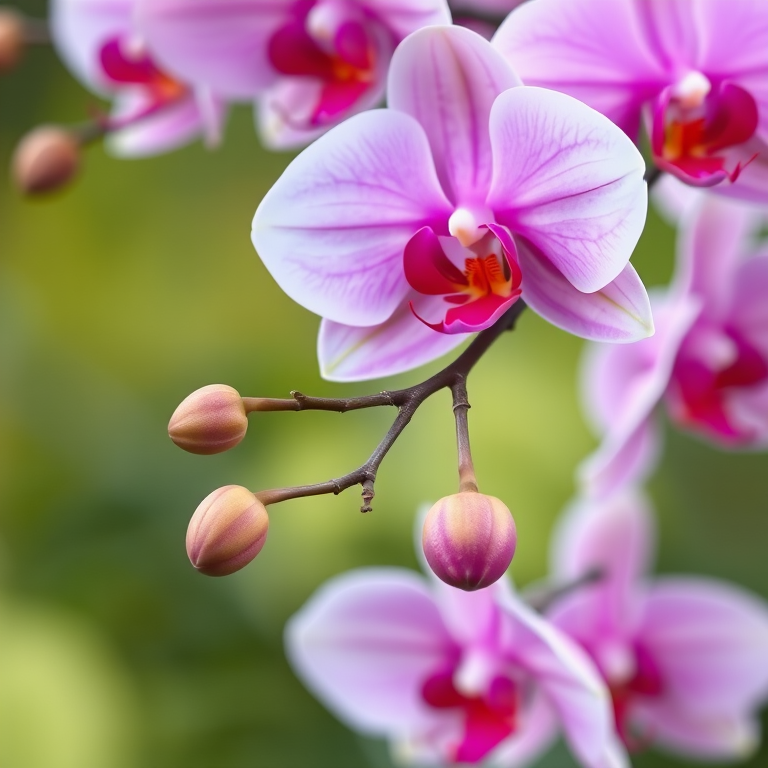 Orchid flower branch with vibrant pink and white blooms against a blurred green background, captured with a DSLR camera, 85mm lens, f/2.8 aperture, 1/200 sec shutter speed, and ISO 100 for enhanced depth of field and clarity.