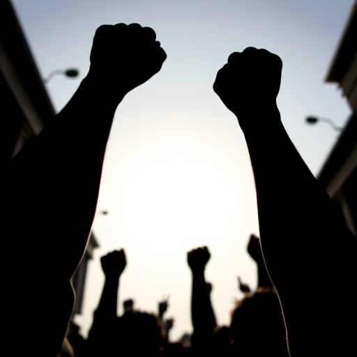 Create a digital illustration of a raised fist in solidarity, captured from a low angle perspective, using a high-resolution camera with a 50mm lens, f/1.8 aperture, 1/200s shutter speed, and natural lighting to enhance the contrast and detail in the silhouette.
