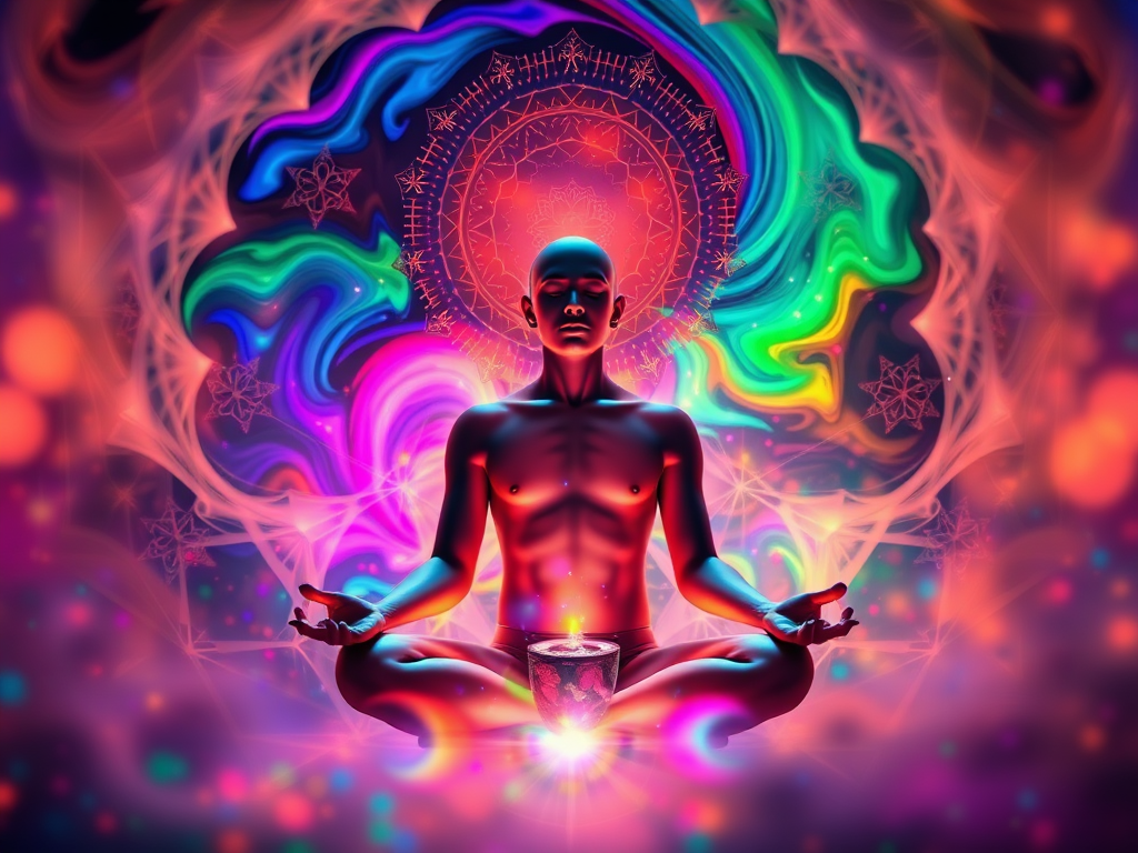Create an ethereal image of a meditating figure surrounded by vibrant, swirling colors and geometric patterns in a soft focus, using a DSLR camera with a 50mm lens, f/1.8 aperture, ISO 200, and a soft, diffused lighting setup to enhance the luminosity and depth of colors.
