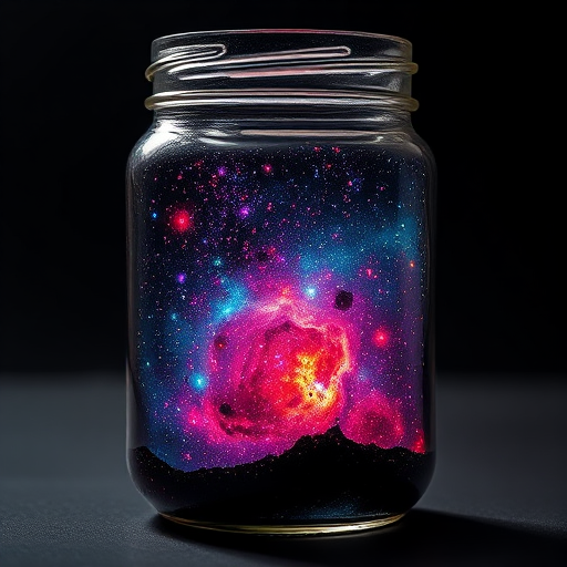 A glass jar filled with a vibrant galaxy, swirling stars and cosmic colors inside, captured in a soft-focus with a Canon EOS 5D Mark IV, 50mm lens, f/1.8 aperture, ISO 100, in a studio setting with dramatic lighting.