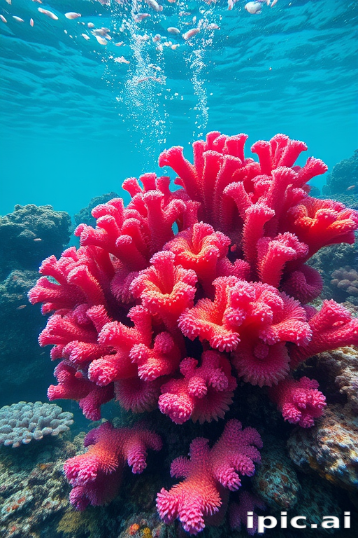 Underwater coral reef bursts with vibrant pinks, oranges, and blues in a textured, layered style that mimics the diverse ecosystem of tropical waters