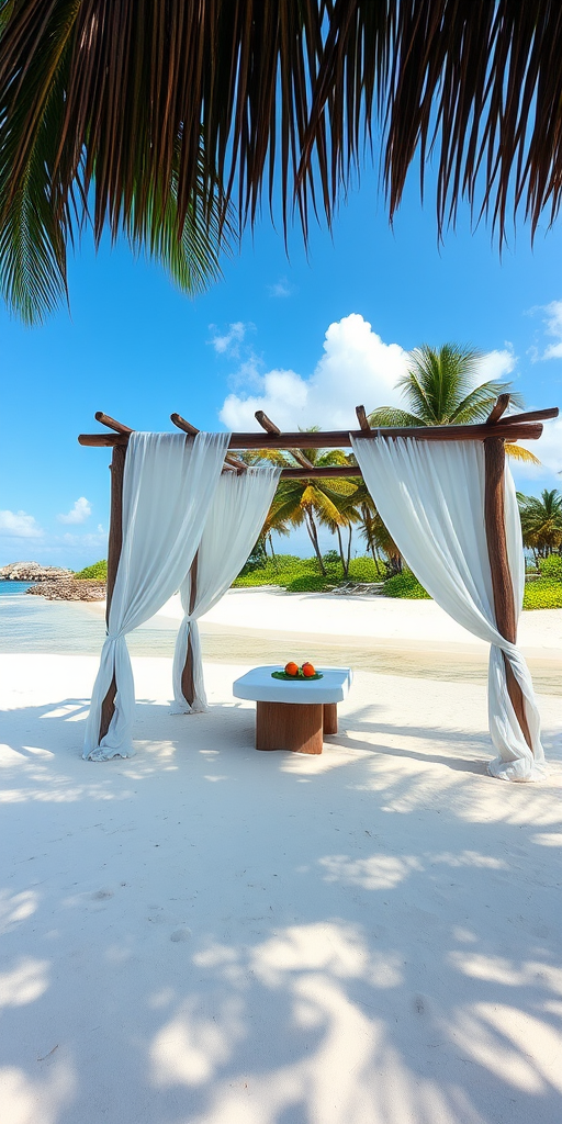 Create a picturesque tropical beach scene featuring a serene, white sandy shore. In the foreground, there's a rustic wooden canopy with white drapes gently flowing in the breeze. Underneath the canopy, a table is set with tropical decor, evoking a sense of relaxation and leisure. The beach extends into a calm, shallow water area with reflections of the sky and surroundings. Palm trees and lush greenery line the edge of the beach, providing a natural, tropical backdrop. The sky is clear with a few scattered clouds, and the overall atmosphere is tranquil and inviting, perfect for a peaceful retreat.