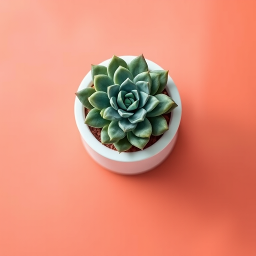 Create a digitally rendered illustration of a succulent plant in a minimalist white pot on a textured coral background, using a 50mm lens, f/2.8 aperture, and soft natural lighting, captured with a high-resolution DSLR camera from a top-down view.