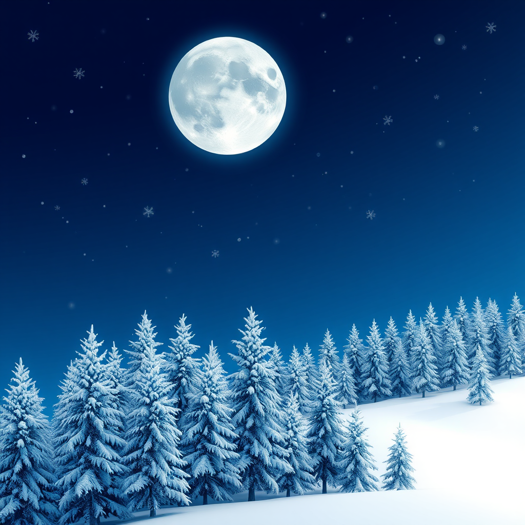 Generate a winter scene featuring a deep blue night sky with a large moon. Include various snowflakes drifting through the air and a forest of snow-covered pine trees in the foreground. The background should have a gradient transitioning from blue to white, creating a serene and magical atmosphere.