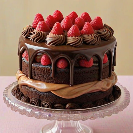 Create an image of a three-layer chocolate cake with smooth chocolate frosting between the layers. The top is adorned with fresh raspberries and chocolate swirls. Place the cake on a clear glass cake stand. Surround the cake with a few decorative cupcakes topped with caramel and cream. The background should be a soft, neutral color to keep the focus on the cake.