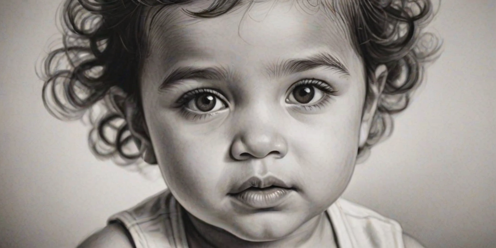 A hyperdetailed photorealistic black and white sketch of a beautiful toddler with deep brown eyes, with a macro focus