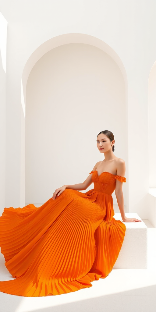 a model wearing a flowing orange pleated gown sitting gracefully in a minimalistic white architectural setting with soft natural lighting