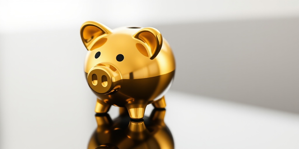gold piggy bank on a black reflective surface, shallow depth of field, 50mm lens, f/1.8 aperture, ISO 100, soft lighting for enhanced reflections and shadows, high-resolution 3D rendering
