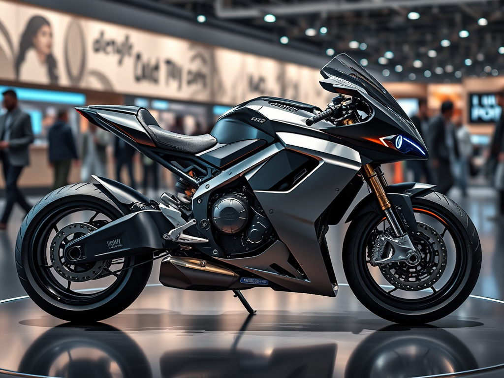 Concept design for a futuristic motorbike in a exposition. Hyper-realistic, 4K, HDR