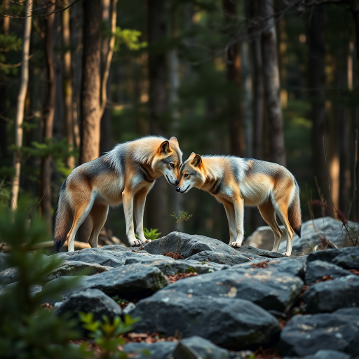 Capture a high-resolution image of two wolves interacting on a rocky surface in a dense forest, using a Canon EOS R5 with a 50mm f/1.2 lens, ISO 100, aperture f/2.8, shutter speed 1/200s, natural lighting, and a shallow depth of field for a blurred background effect.