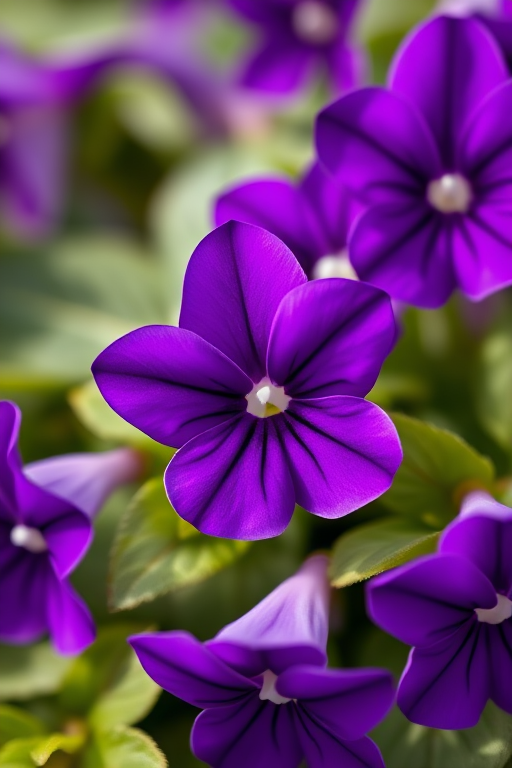 A close-up shot of vibrant purple violets with green leaves, taken with a macro lens at f/2.8, ISO 100, shutter speed 1/200s, in natural light using a DSLR camera for high detail and color saturation.