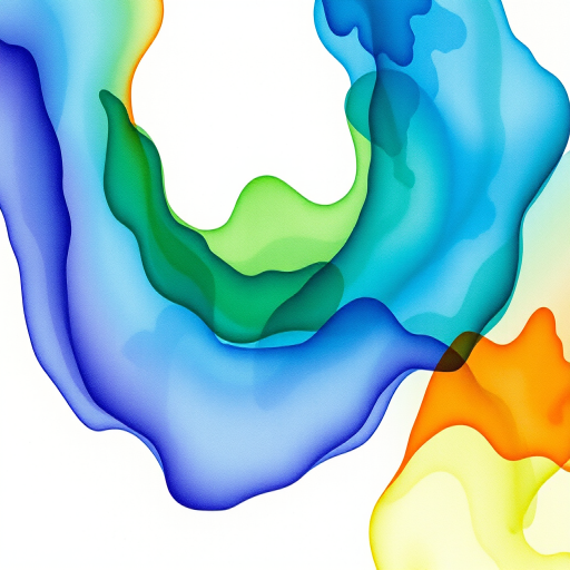 abstract watercolor design with flowing shapes in vibrant blues, greens, purples, and hints of orange, shot with a Canon EOS R5 at f/5.6, ISO 100, 50mm lens, natural light, vertical orientation