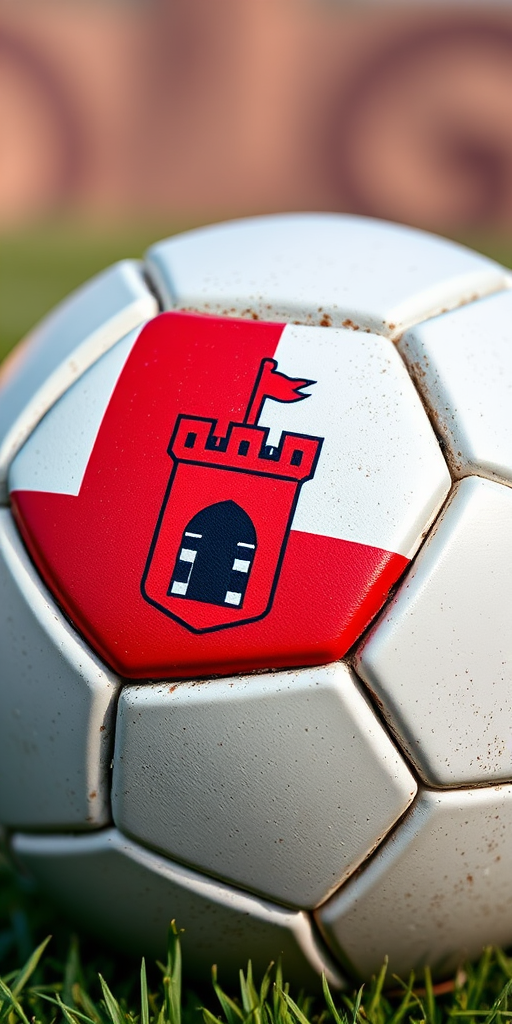 Create a high-resolution image of a soccer ball featuring the Gibraltar flag, highlighting the red castle and key design with a close-up view, using a DSLR camera at f/1.8 aperture, ISO 100, and natural lighting for enhanced texture and detail.
