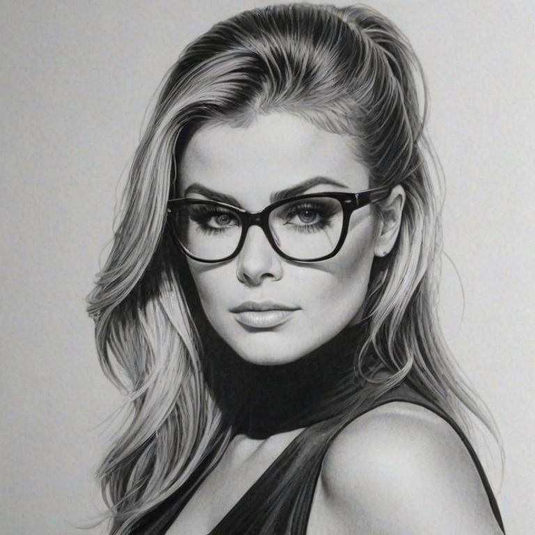 Bewitching Carmen Electra, pencil sketch, portrait of Dazzling woman 1978s in glasses, hair style beatnik, outline, clear lines, fine lines, 8k