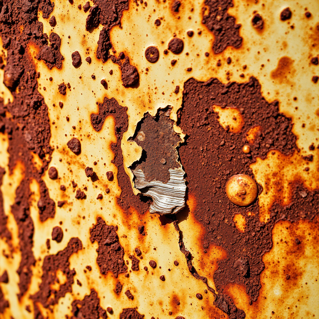 highly detailed close-up of rusty metal surface with peeling paint and texture, natural lighting, captured with a DSLR camera, 50mm lens, f/2.8 aperture, ISO 100, 1/200 sec shutter speed, vibrant colors and high contrast.