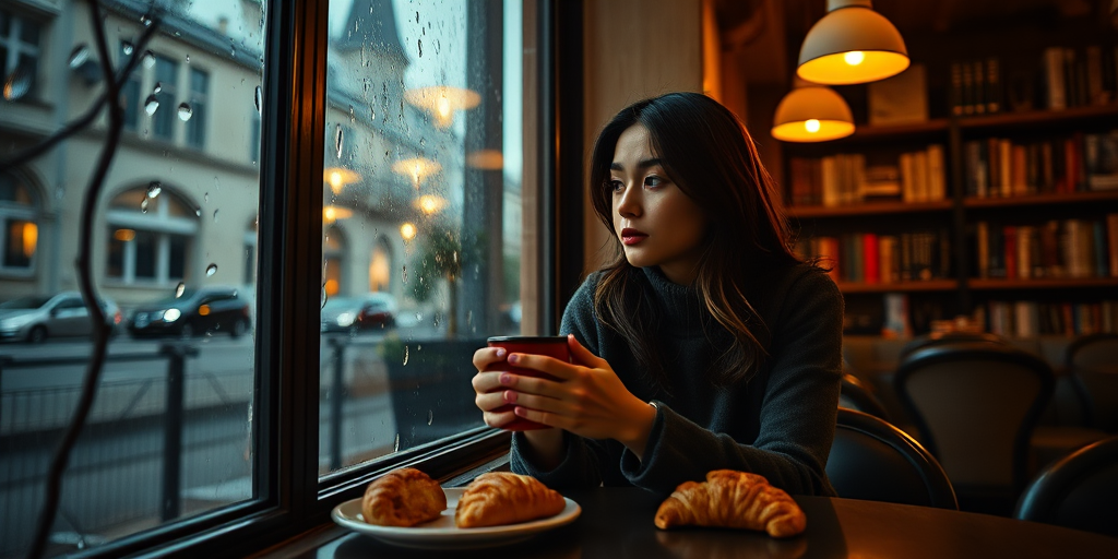 Low-light shot, a woman sitting by a large window in a small cafe, rain tapping on the glass, her hands wrapped around a warm mug, soft yellow lighting from hanging lamps, shelves of books lining the walls, a plate with a half-eaten croissant beside her.