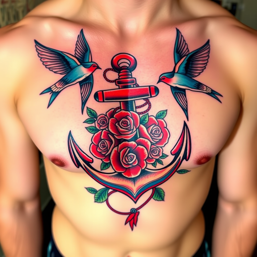 Bold traditional American tattoo named "Sailor's Fortune" with vivid red and blue ink depicting a nautical scene of an anchor wrapped in roses and surrounded by swallows, representing adventure and loyalty on the chest