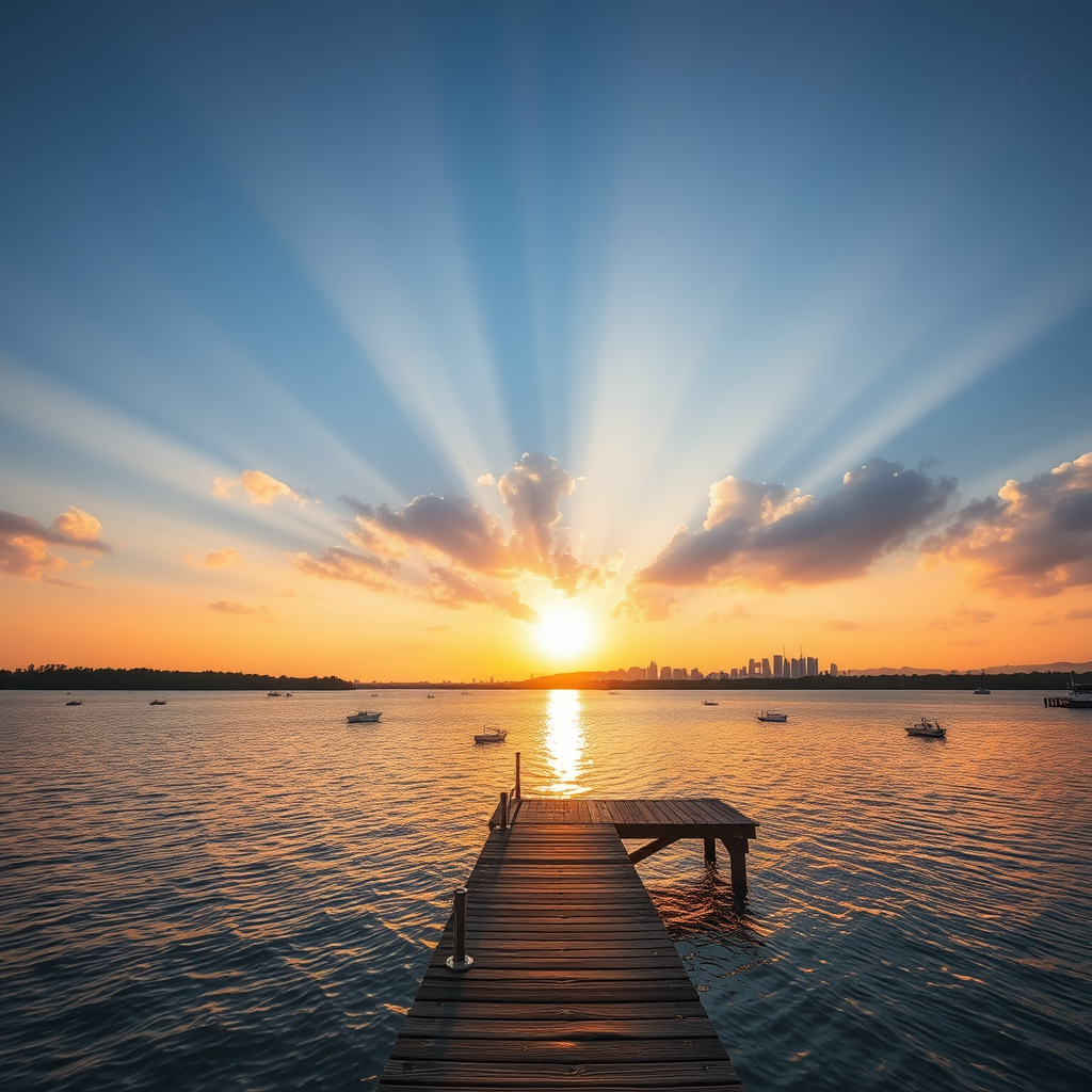 photograph of a tranquil sunset over a lake with sun rays piercing through clouds, wooden pier extending into the water, city skyline in the background, f/11 aperture, ISO 100, 1/125 second shutter speed, wide-angle lens, DSLR camera, golden hour lighting
