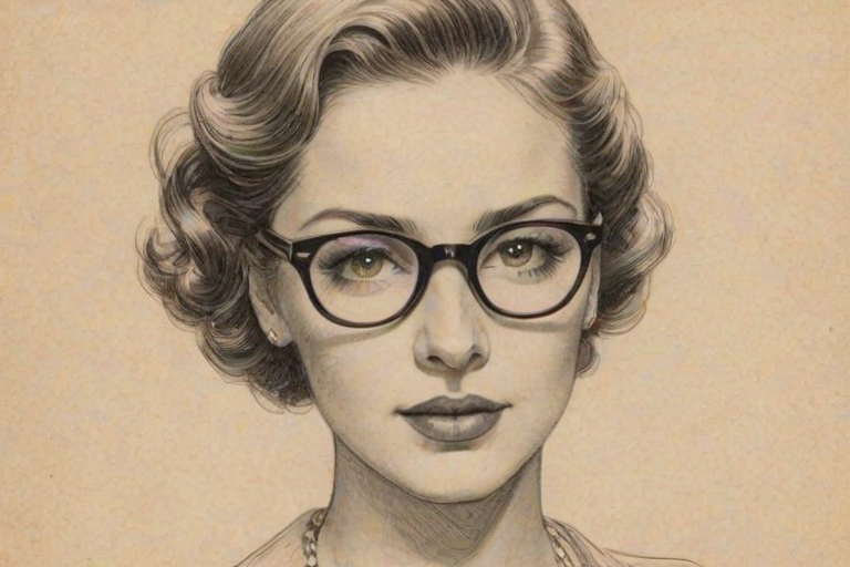 Graceful Mariana Trevi'o, pencil sketch, portrait of Elegant woman 1931s in glasses, hair style beatnik, outline, clear lines, fine lines, 8k