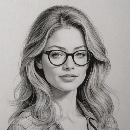Comely Rebecca Gayheart, pencil sketch, portrait of Sublime woman 1973s in glasses, hair style beatnik, outline, clear lines, fine lines, 8k