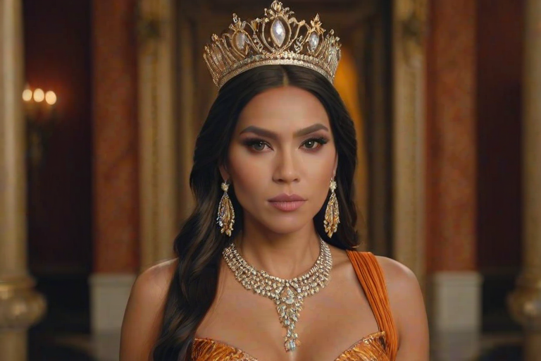 A gorgeous Native American woman in a luxurious orange gown, accessorized with a dazzling tiara and statement earrings, her deep Yellow eyes highlighted by impeccable makeup, poised in a royal setting, photorealistic, 8K quality