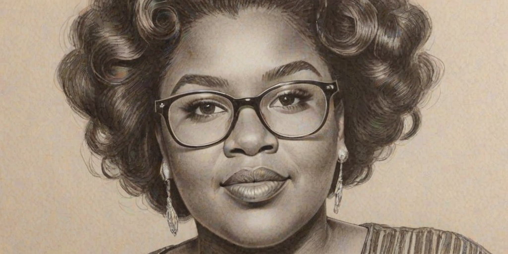 Enchanting Gabby Sidibe, pencil sketch, portrait of Splendid woman 1949s in glasses, hair style beatnik, outline, clear lines, fine lines, 8k